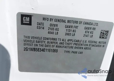 2014 Chevrolet Impala Limited Lt z USA, uszkodzony, nr VIN 2G1WB5E34E1161069